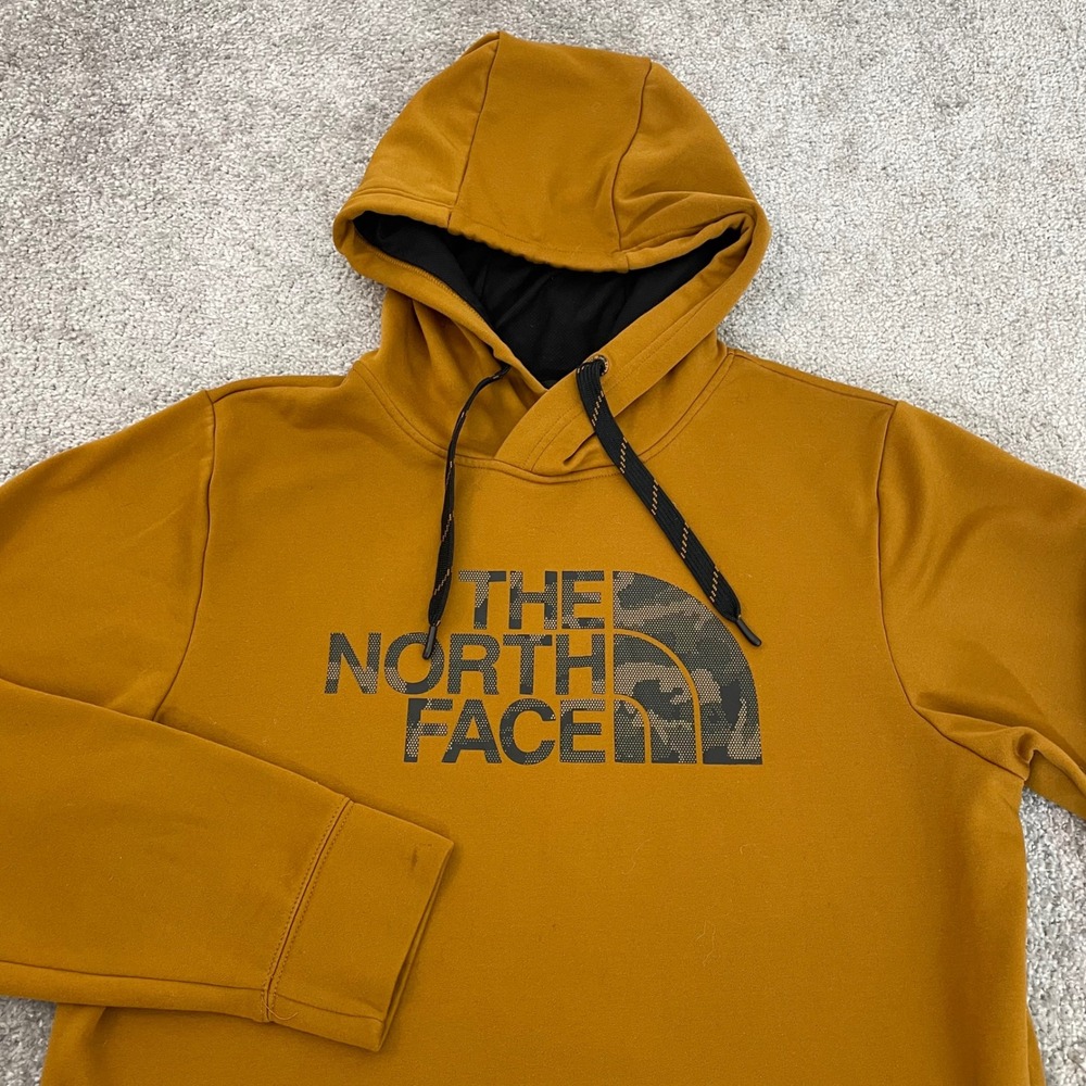 North Face Hoodie Mens Small Fleece Pullover Mustard Yellow Camo Logo